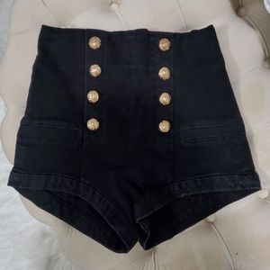 High Waist Black Denim Shorts with Gold Buttons